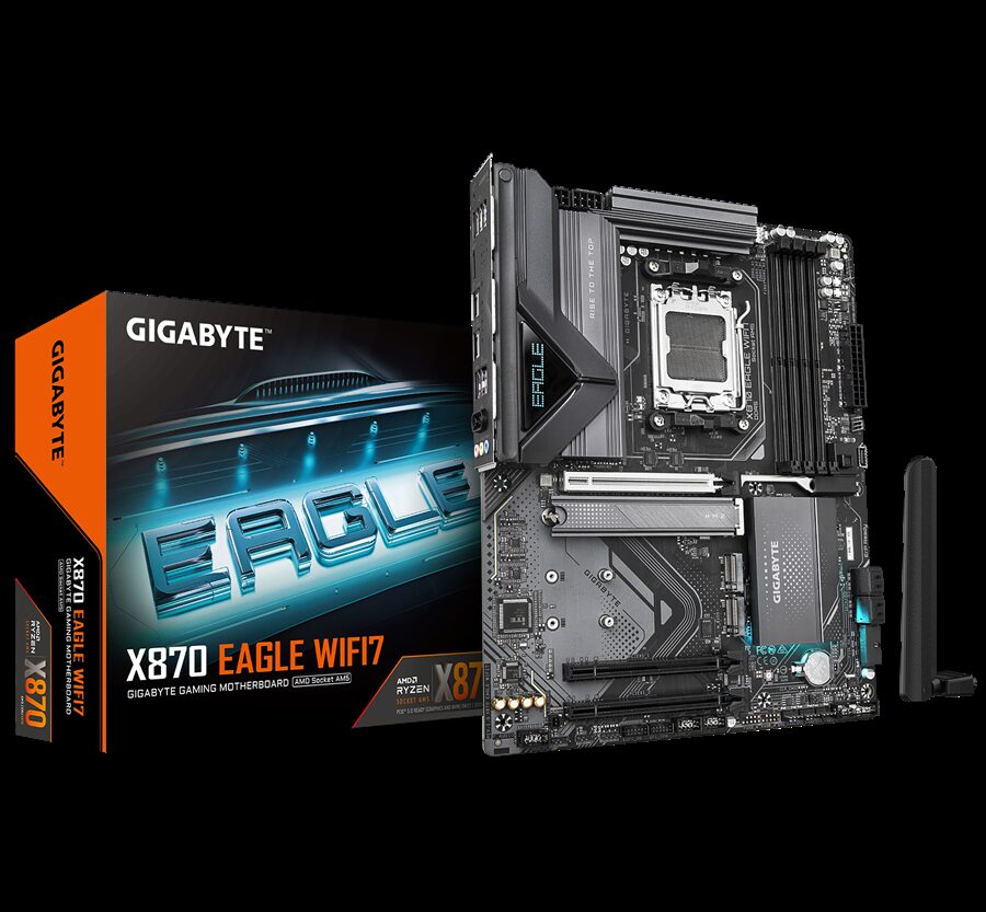 GIGAYBTE Mainboard Desktop X870 EAGLE WIFI7 (AM5, 4x DDR5 256GB, 1x PCI-E 5.0 x16x16, 2x PCI-E 3.0 x16x1, 1x PCI-E M.2, 2x M.2, 4x SATA, 2x USB4 Type-C DP, 4x USB 3.2, 1x HDMI, WiFi7, 2.5GbE LAN, ATX)
