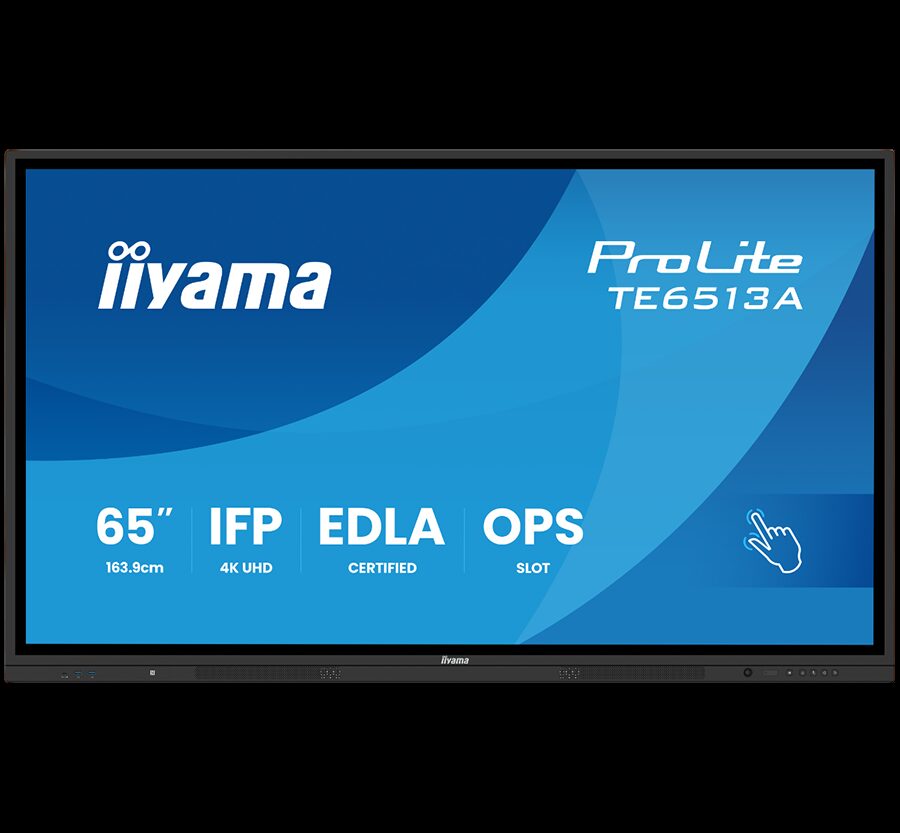 IIYAMA LFD Interactive TE6513A-B1AG Thin bezel 4K 450 cd/m PureTouch-IR 40, 10pt writing  200Hz Scan rate iiWare 21E (Android 14 OS) Google EDLA, iiControl (DMS), WhiteBoard, web browser