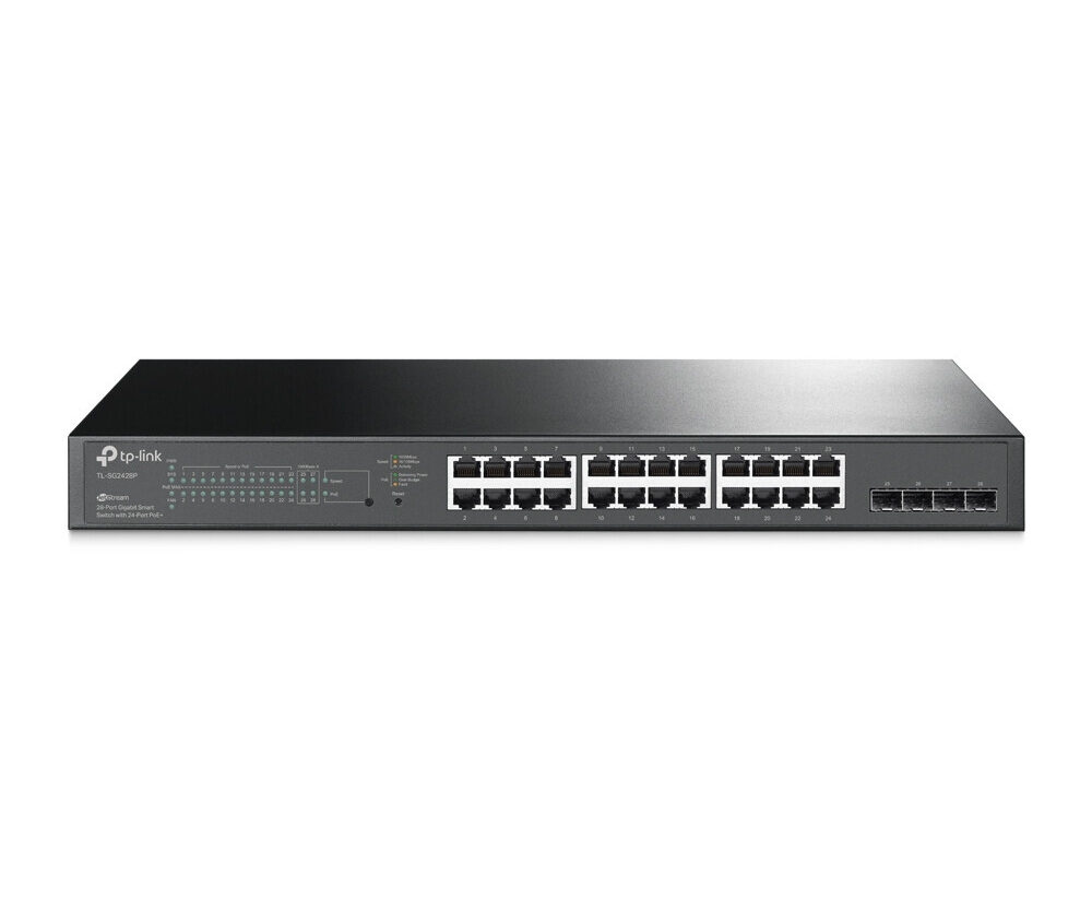 Alternative view of TP-Link Omada JetStream 24-port Gigabit L2 PoE+ Smart preklopnik (Switch), 24×10/100/1000M RJ45 port, 4×Gbit SFP, 802.3at/af, 19" 1U rack mount (250W)