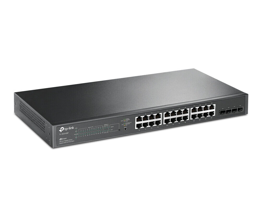 TP-Link Omada JetStream 24-port Gigabit L2 PoE+ Smart preklopnik (Switch), 24×10/100/1000M RJ45 port, 4×Gbit SFP, 802.3at/af, 19" 1U rack mount (250W)