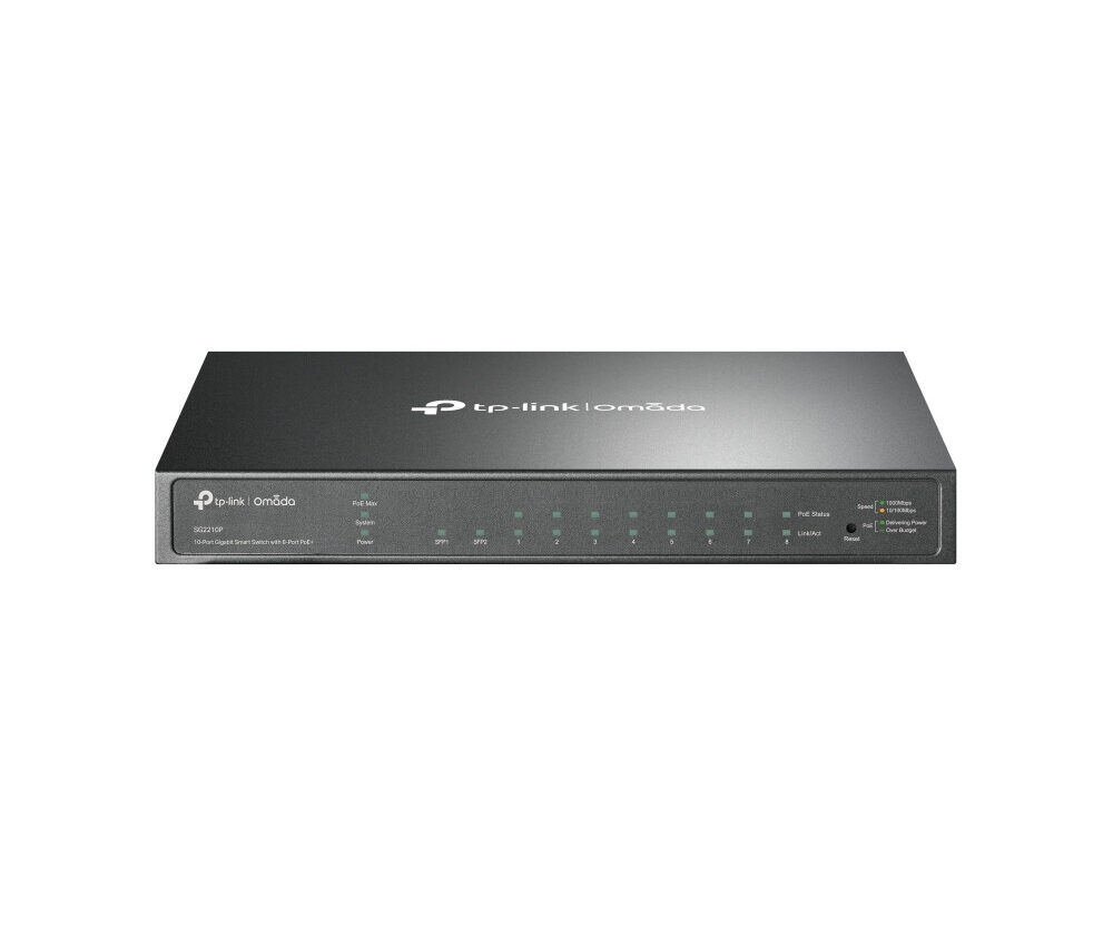 TP-Link 10-port Gigabit PoE+ Smart preklopnik (Switch), 8×10/100/1000M RJ45 ports + 2×SFP ports, metalno kućište (61W)