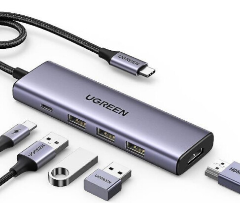 UGREEN 5-portni USB-C HUB 3x USB-A 3.2, 1xUSB-C PD, 1xHDMI 4K 30 fps, sivi