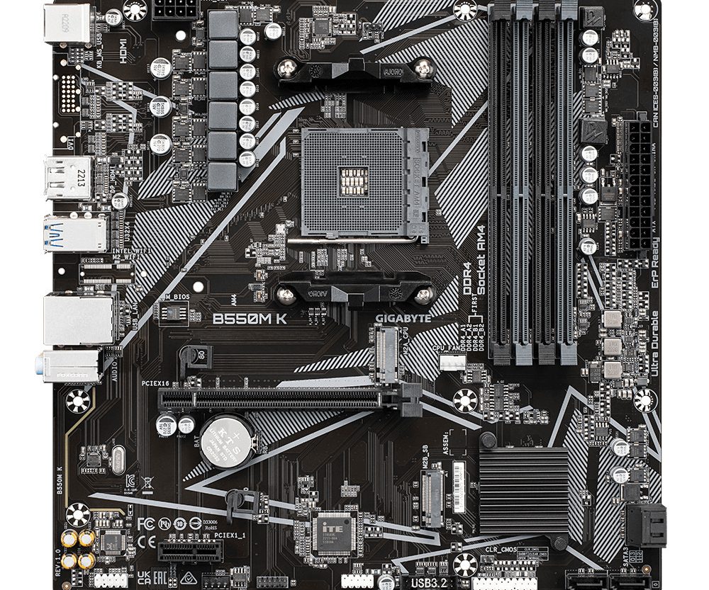 Gigabyte MB B550M K, S.AM4, 4XDDR4/4733(O.C.) PCIe 4.0, G-LAN, HDMI/DP, mATX