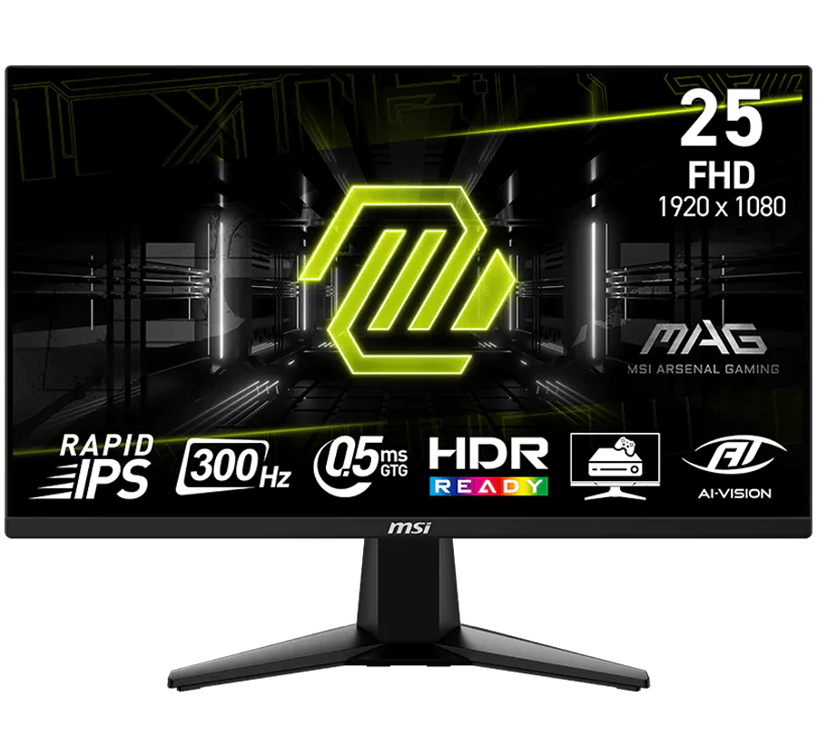 MSI MAG 255F, 24.5", Rapid IPS, 1920x1080 (FullHD), 300Hz, 300 Nits, 0.5ms, AMD FreeSync Premium, HDR Ready, 2x HDMI 2.0b, 1x DP 1.4a, 1x Headphone-out, Tilt, VESA