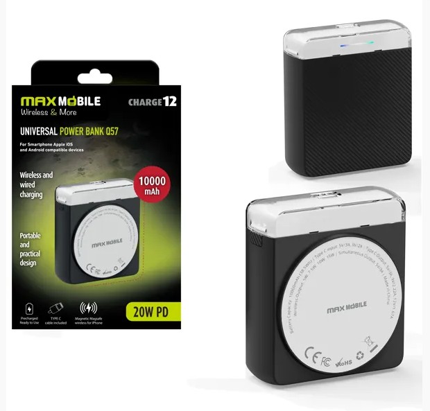 Alternative view of PowerBank Max Mobile Wireless Magnetic  Q57 10000mAh 20w PD USB-c crni