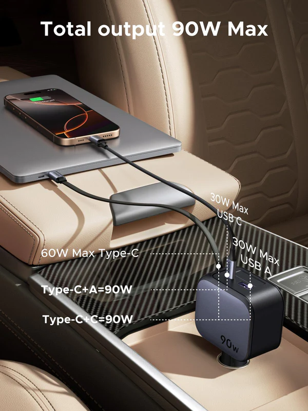 Ugreen 90W auto punjač s ugrađenim USB-C kabelom