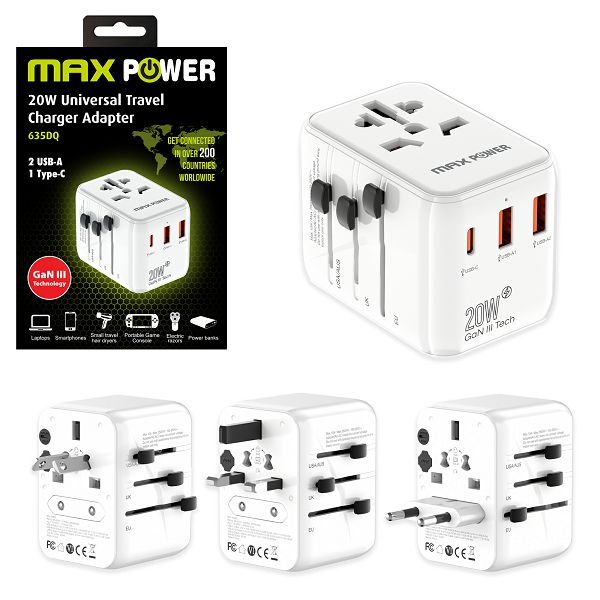 Max Power putni adapter 635DQ Gan 1XPD Type C+2X USB A,20W, bijeli