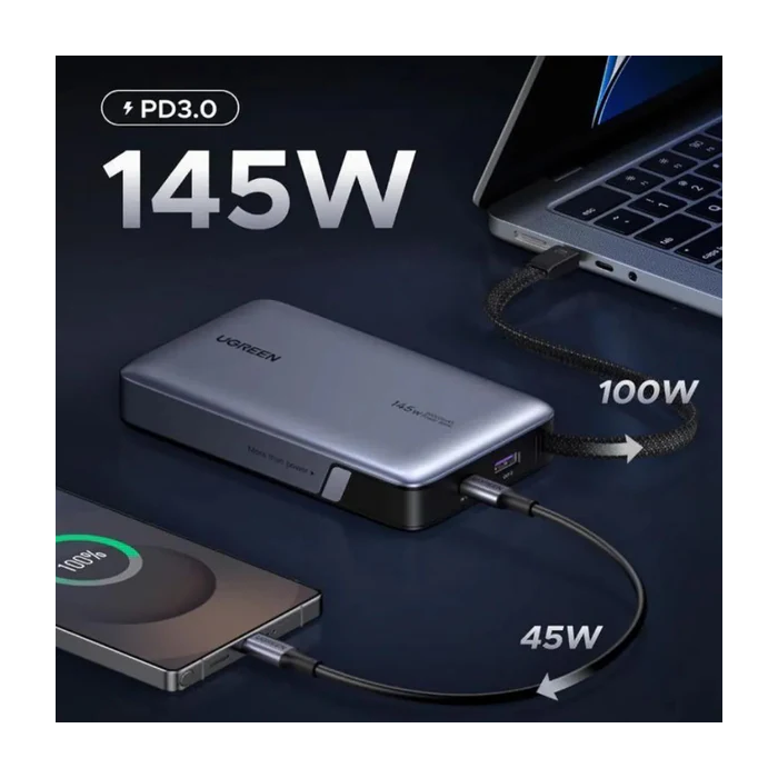 UGREEN prijenosni punjač (Powerbank) 20.000mAh, 145W brzo punjenje, 2×USB-C+1×USB-A, PD 3.0+QC 3.0, srebrni - Slika 3