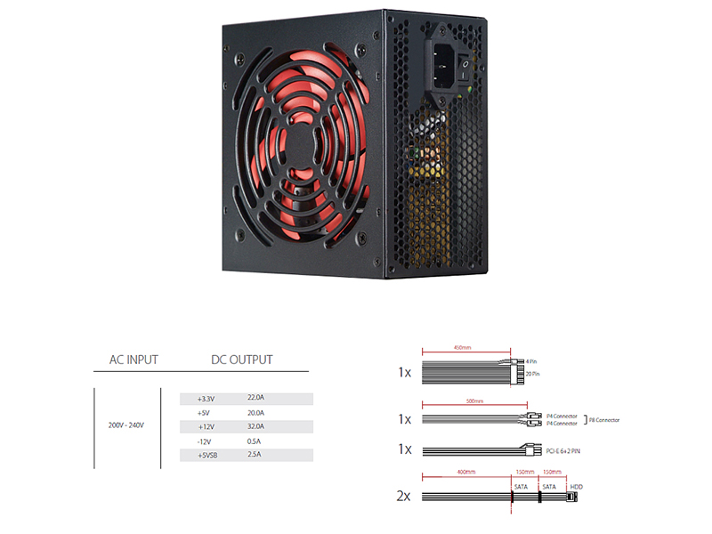 Napajanje 500W Xilence RedWing R7 Ed. ATX 2.3.1, pasivan PFC, 1×PCIe, 4×SATA, 20+4-pina, 120mm ventilator, crno