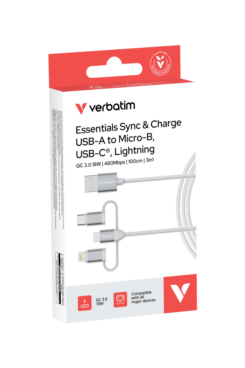 Verbatim Sync & Charge kabel 3-u-1 USB-A na Micro-B/USB-C/Lightning, M/M, 18W, bijeli, 1.0m - Slika 2