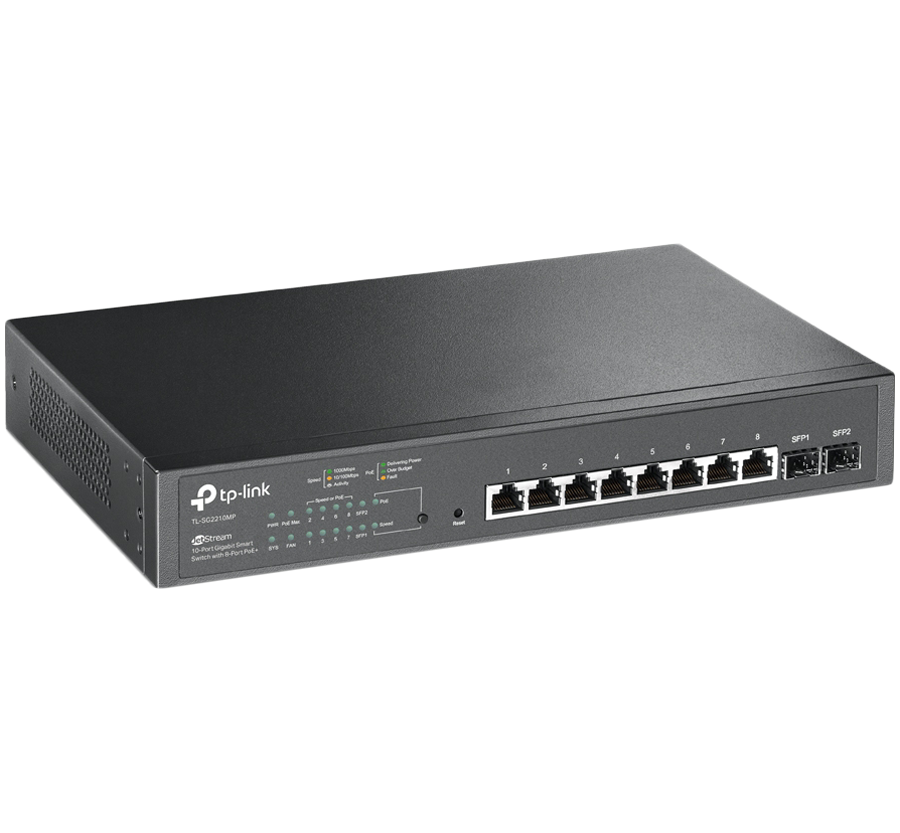Alternative view of TP-Link SG2210MP Omada 10-Port Gigabit Smart Switch with 8-Port PoE+, 8× G PoE+ ports and 2× G SFP slots, 150 W total PoE budget, Omada app, Static Routing, VLAN, ACL, QoS, IGMP Snooping, Zero-Touch Provisioning, QoS Traffic Prioritization