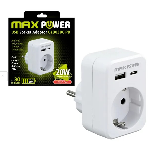 MaxPower utikač s USB A+TYPE C punjačem  20W PD bijeli