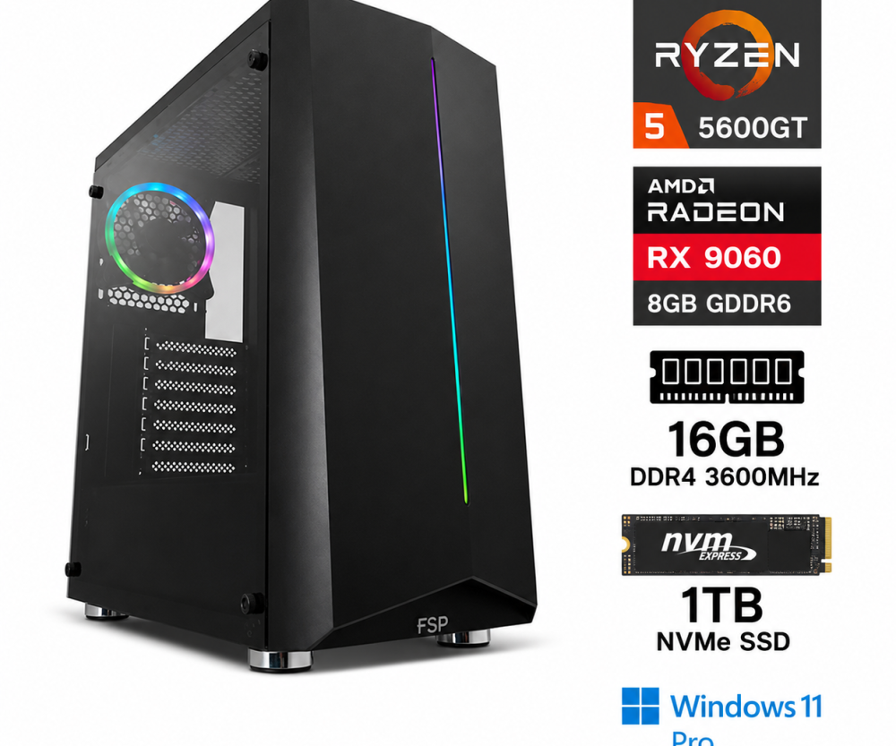 Računalo MT Gamer Optimum - Ryzen 5 5600 GT, 16GB DDR4, 1TB SSD, RX 9060 8GB, RGB, ATX 550W, Windows 11, crno