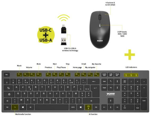 Port bežična tipkovnica i miš,USB-A/C,SMART Azerty