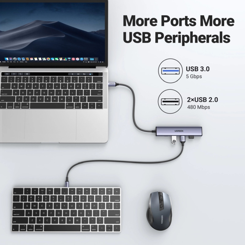 Alternative view of UGREEN 5-portni Revodok 105 USB-C HUB, 3xUSB-A, 1xUSB-C 100W PD, 1xHDMI 4K 30Hz, sivi