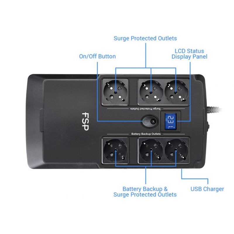 Alternative view of Fortron Source UPS NanoFit 800VA/480W, Offline, 2×USB, 6×Schuko, RJ45, 1×5Ah