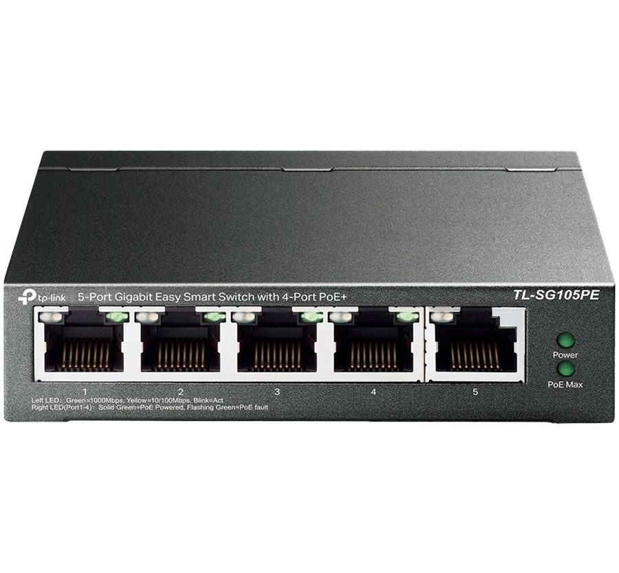 5-Port Gigabit Easy Smart Switch with 4-Port PoE+, metal case, desktop mount, PoE budget 65W, support 802.1q VLAN, QoS, Port Isolation, Loop Prevention, IGMP, PoE Extend mode, easy management via Web UI and Easy Smart Utility.