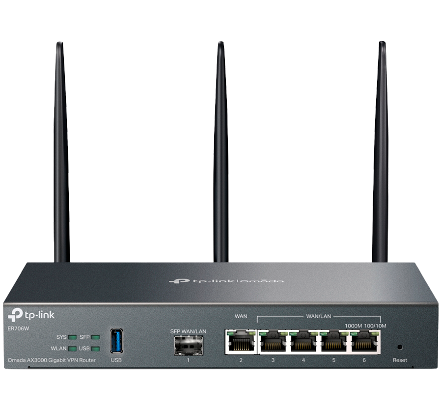 TP-Link ER706W Omada AX3000 Wi-Fi 6 Gigabit VPN Router, 1× Gigabit SFP WAN/LAN Port, 1× Gigabit RJ45 WAN Port, 4× Gigabit WAN/LAN RJ45 Ports, 1× USB 3.0, 574Mbps at 2.4 GHz + 2402 Mbps at 5 GHz (HE160), Integration with Omada SDN, SSL VPN, OpenVP