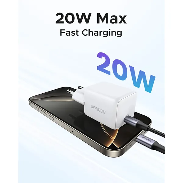 UGREEN zidni punjač 20W, 1×USB-C, GaN, bijeli