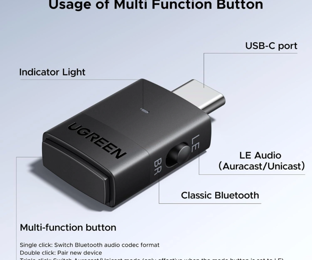 UGREEN Bluetooth 6.0 bežični audio odašiljač s LDAC podrškom i 3,5 mm priključkom, domet do 10m
