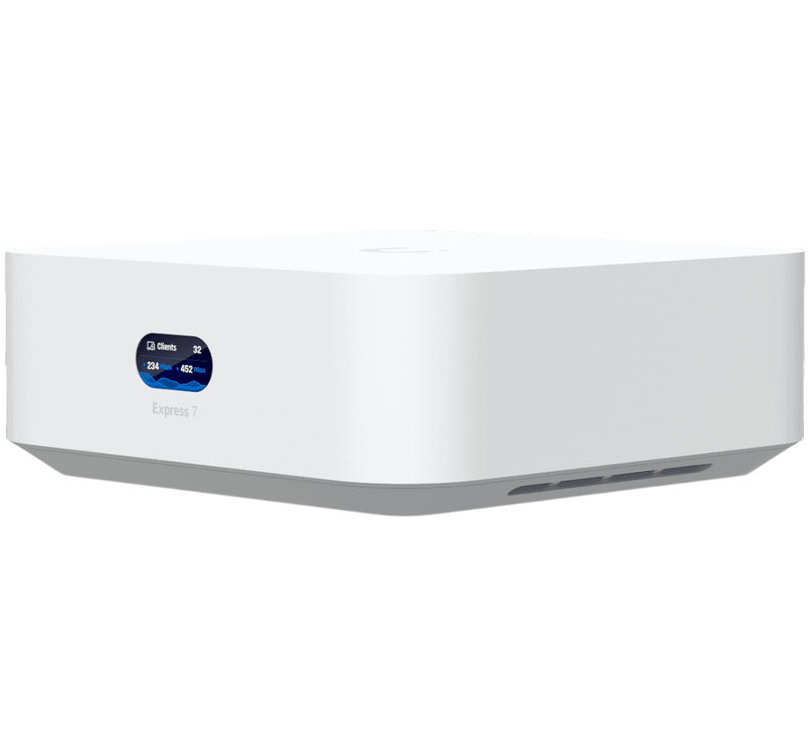 Ubiquiti UniFi Express 7 UX7 Mesh-scalable, super-compact 10G Cloud Gateway with integrated WiFi 7, 10 GbE RJ45 WAN port, 2.5 GbE RJ45 LAN port to extend network, up to 30+ UniFi devices and 300+ clients