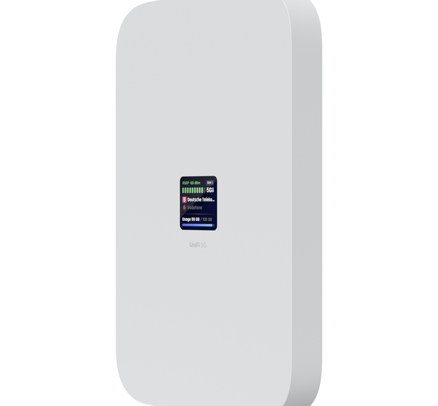 Alternative view of Ubiquiti UniFi U5G-Max high-performance 5G (3.4 Gbps) modem for any Unifi deployment. Instantly adopt through any UniFi PoE port, it delivers automatic setup, dual SIM/eSIM, and seamless failover